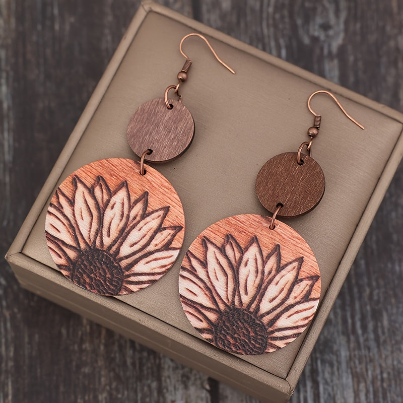 Vintage Style Bohemian Sunflower Wooden Pendant Earrings - Rustic Geometric Design, 3D Printed, Iron Hook, Perfect for Casual Clothing and Gifts, Quirky Earrings