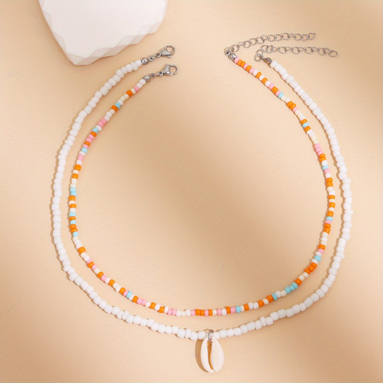 Ladies Summer Vacation Bead Layered Necklace, Bohemian Shell Pendant
