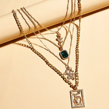 Four-piece creative rhinestone Chinese dragon pendant necklace charm retro ladies daily holiday jewelry