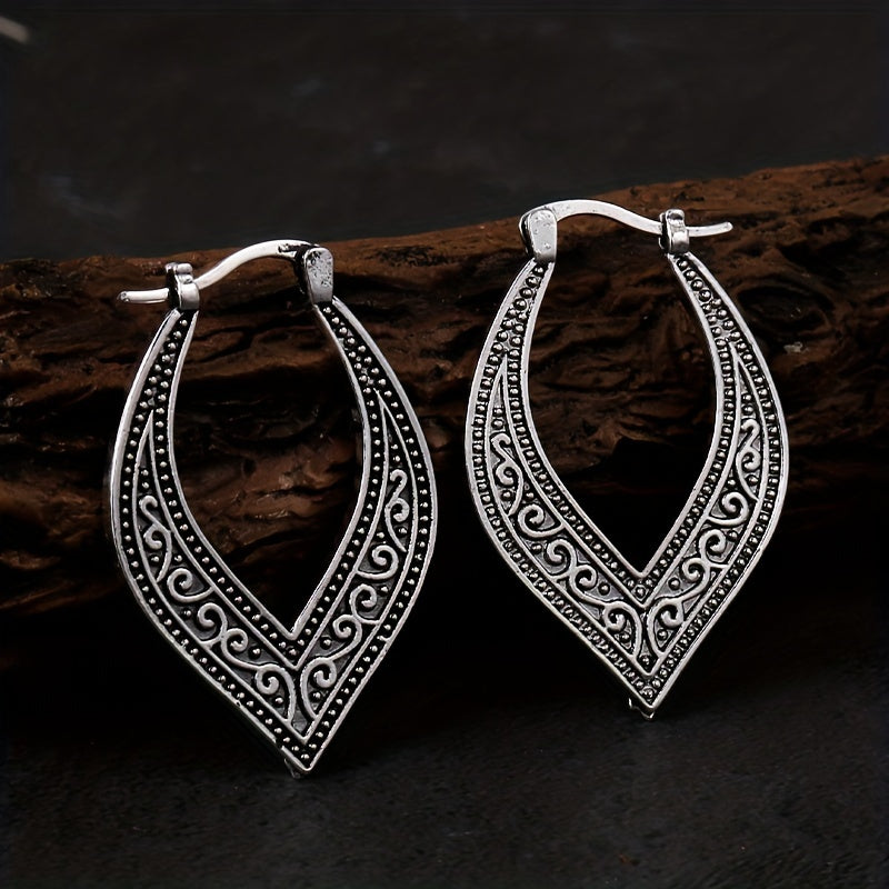 Bohemian Retro Square Engraved Earrings - Silver Galvanized Alloy, Ladies Fashion Hook Design