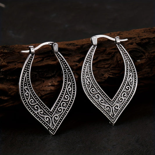 Bohemian Retro Square Engraved Earrings - Silver Galvanized Alloy, Ladies Fashion Hook Design