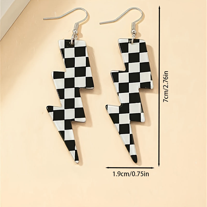 1 pair, geometric black and white plaid lightning drop earrings, bold Western exaggerated creative design, simple style fashion jewelry