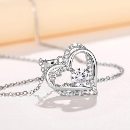 Exquisite fashion 925 silver-plated dense zircon double heart pendant necklace lady bride wedding romantic gift