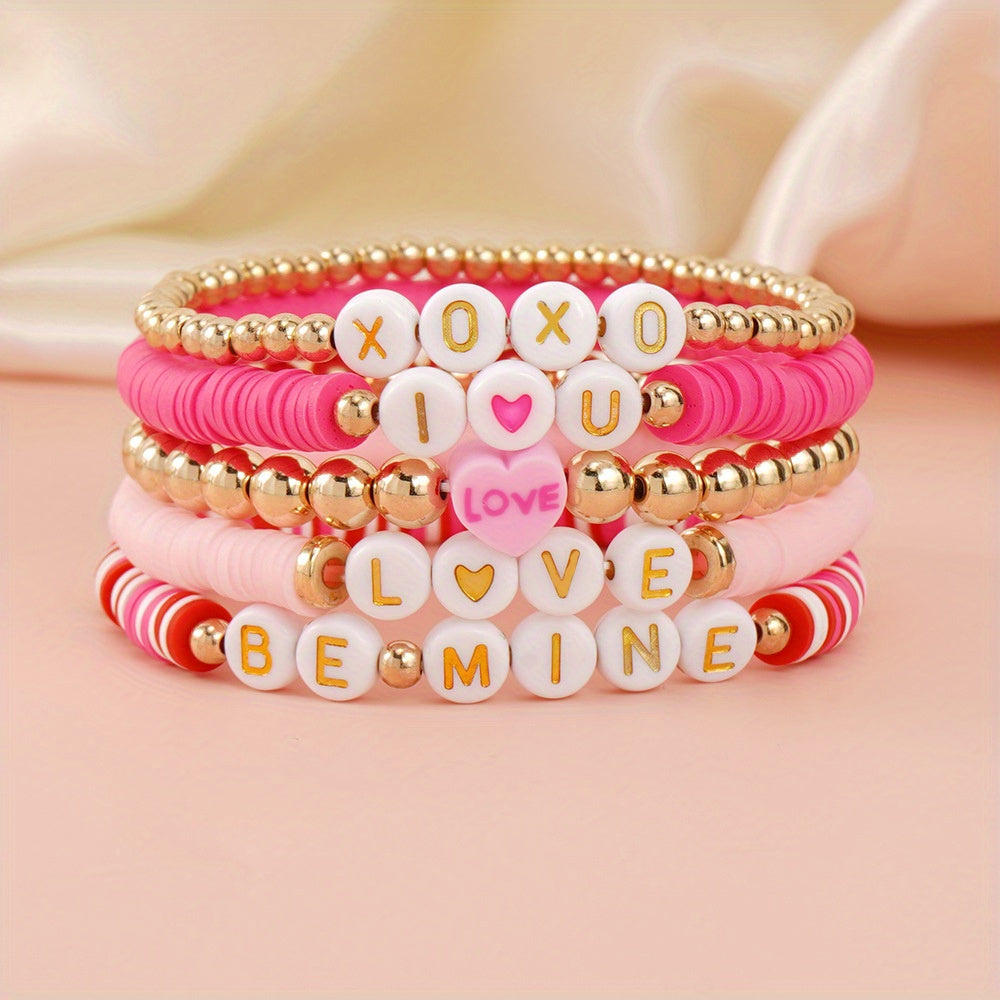 5-Piece Valentine's Day Soft Clay Bracelet with Love Pink Heart Letters and Beads for Holiday Gifts