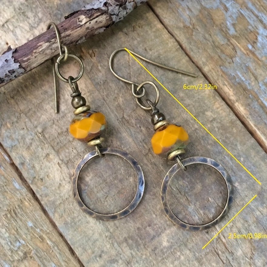 Classical hollow round yellow turquoise decorative pendant earrings, retro minimalist style alloy jewelry, travel souvenirs