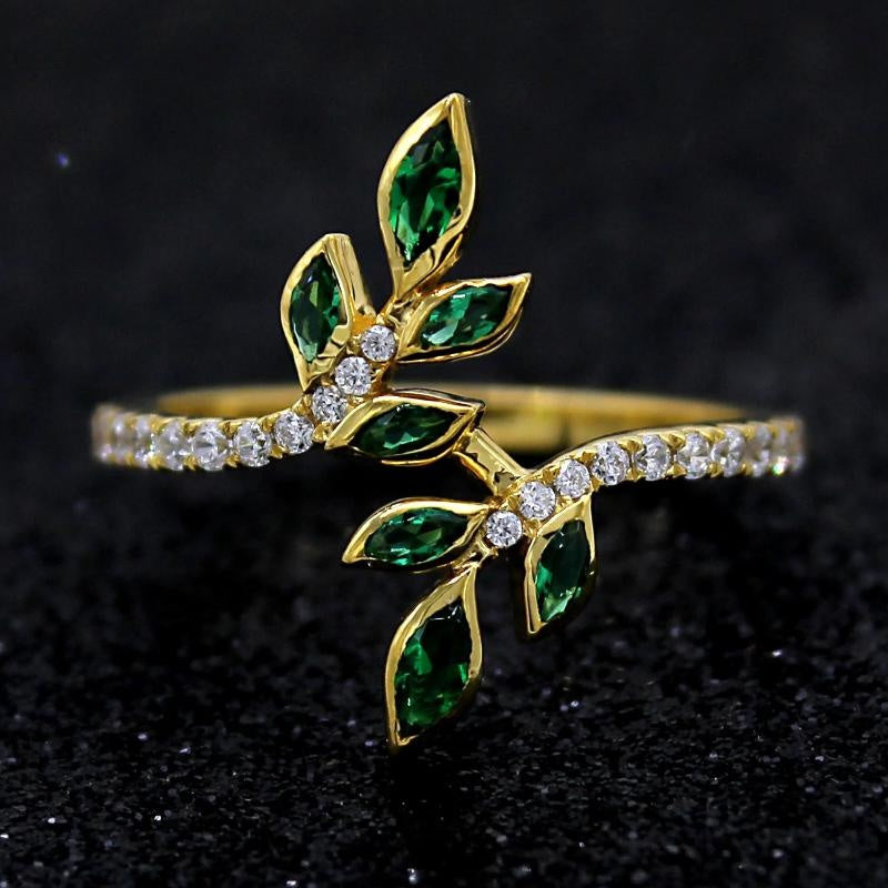 Ladies Fashion 18K Gold Plated Grandmother Green Leaf Ring - Perfect for Daily Wear and Party, Synthetic May Birthstone