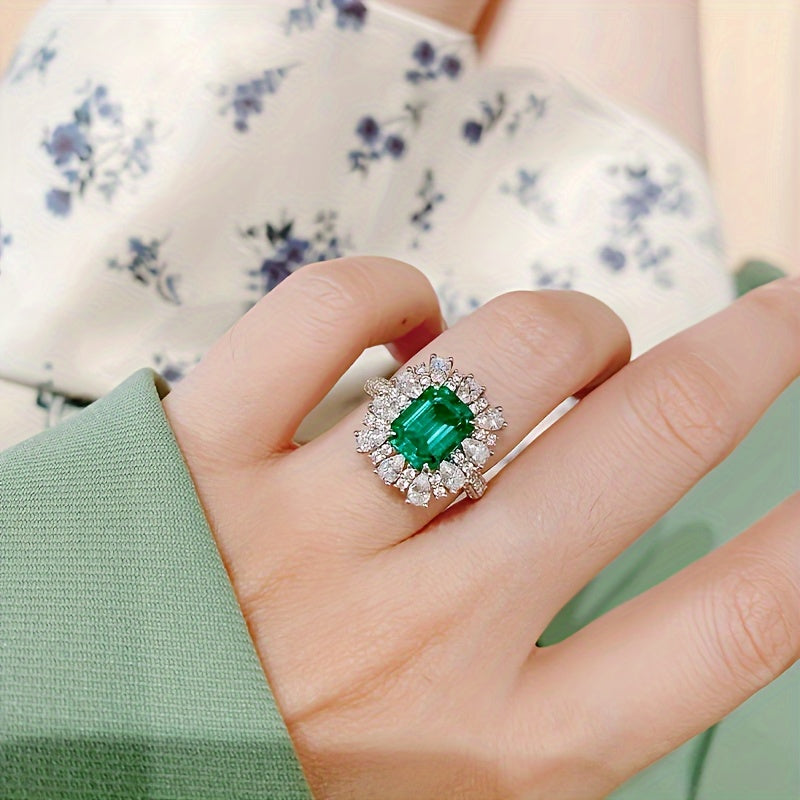 Elegant commitment ring, noble sunflower design, set with crystal stone, rectangular shape, suitable for engagement/wedding rings, luxury jewelry imitation.