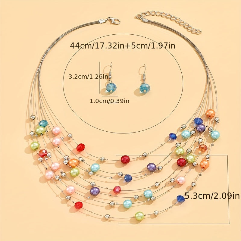 Fashion simple and versatile imitation pearl crystal color multi-layer necklace Women's suit