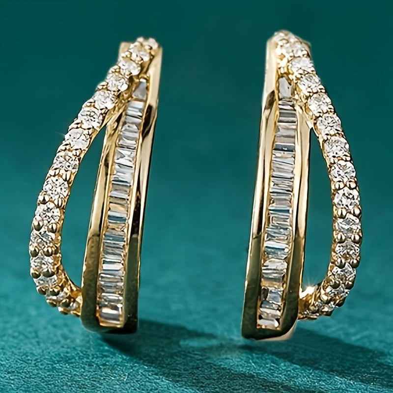 Stylish and simple geometric double curved micro-shop zircon earrings women's party vacation daily leisure accessories