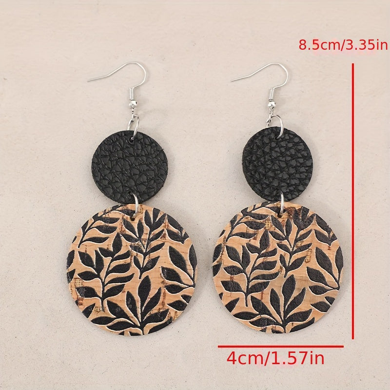 Cross-border new retro brown disc printing black leaf splicing black PU leather earrings