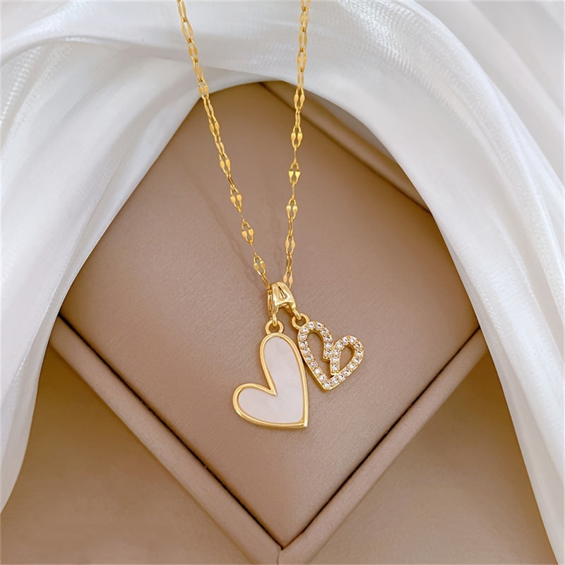 Stylish Double Heart Pendant Necklace, Imitation Shell & Cubic Zirconia - 18K Gold Plated, Stainless Steel - Perfect for Anniversaries, Birthdays, Christmas Gifts