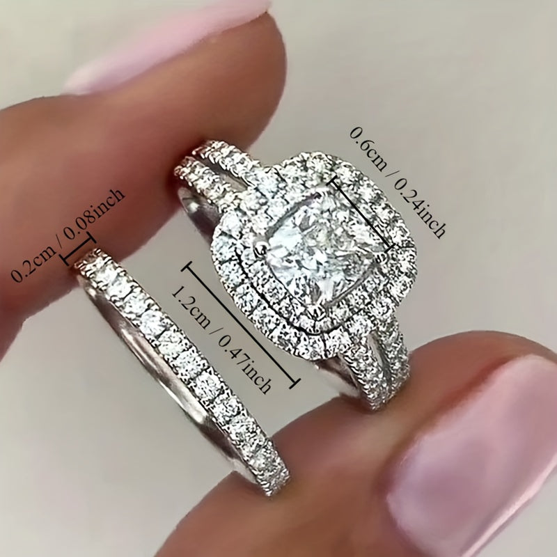 2-Piece Bridal Ring Set, Ladies Silver Zircon Ring, Romantic Engagement and Proposal Gift Jewelry