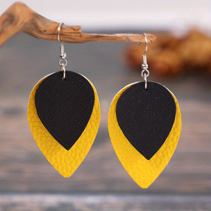 Simple double-layer solid color leaf PU leather earrings