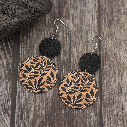 Cross-border new retro brown disc printing black leaf splicing black PU leather earrings