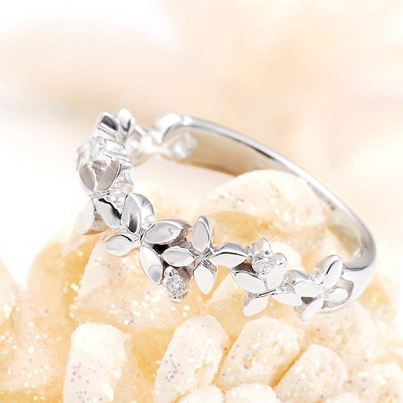 Sweet Leaf Flower Ring, Ladies 925 Silver Plated Zirconia Ring, Ladies, Everyday Casual Party Accessories