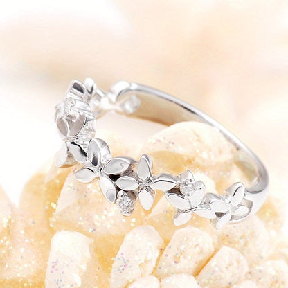 Sweet Leaf Flower Ring, Ladies 925 Silver Plated Zirconia Ring, Ladies, Everyday Casual Party Accessories