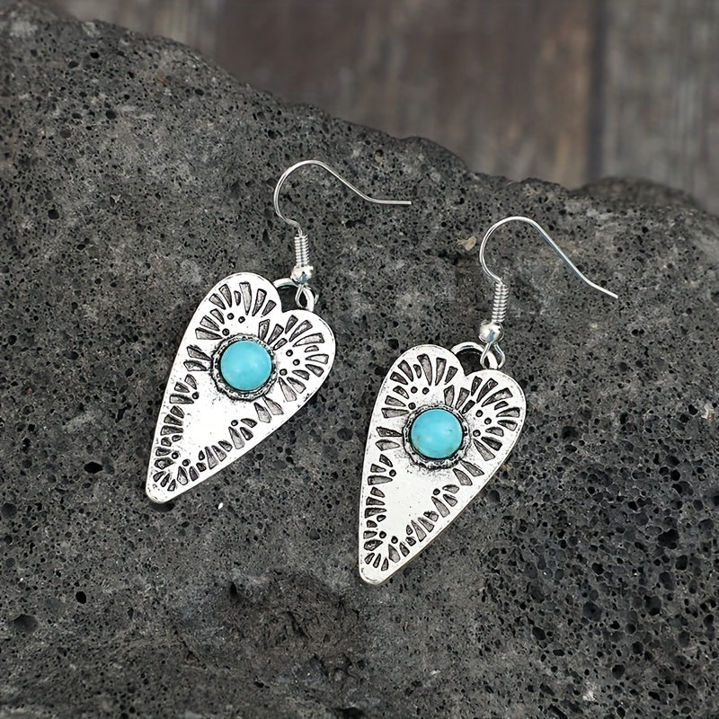 Retro heart-shaped silver-plated pendant earrings with turquoise and engraved fireworks pattern, alloy structure, iron earrings, suitable for daily wear