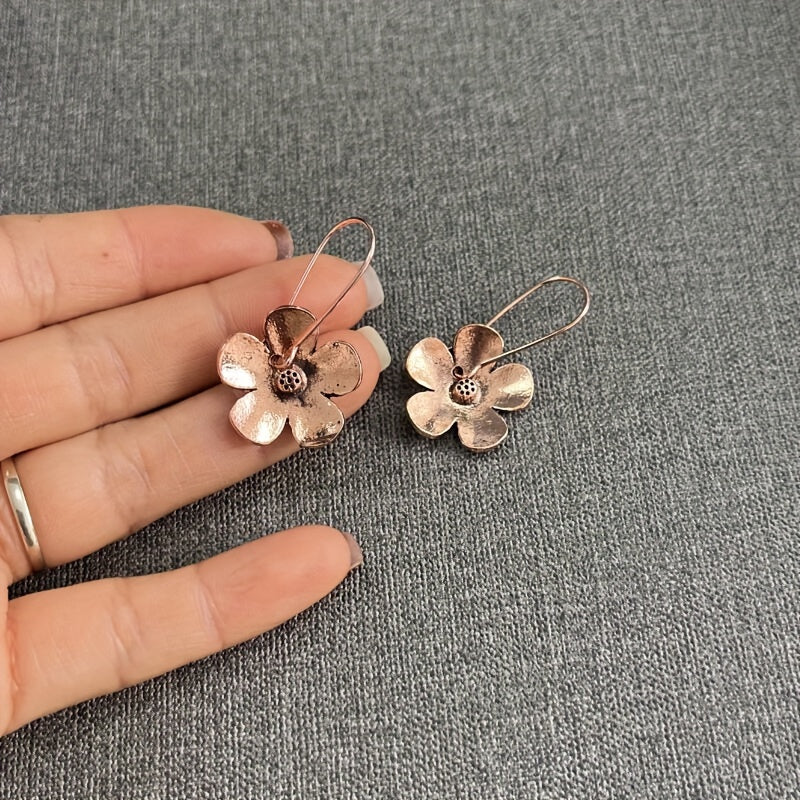 Antique red copper flower design earrings, retro ethnic style unique statement women's earrings
