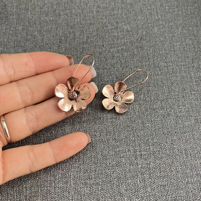 Antique red copper flower design earrings, retro ethnic style unique statement women's earrings