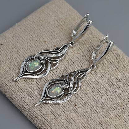Bohemian Blue Opal Pendant Earrings - Vintage Silver Plated, Zinc Alloy with Copper Studs, Perfect Gift for Ladies