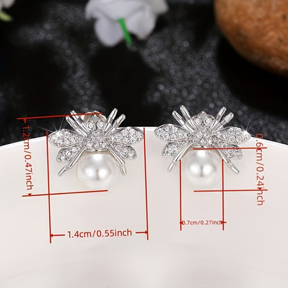 Bee pattern inlaid with shiny zircon imitation pearl stud earrings, elegant and lovely temperament, copper and silver plating material, creative women's gift