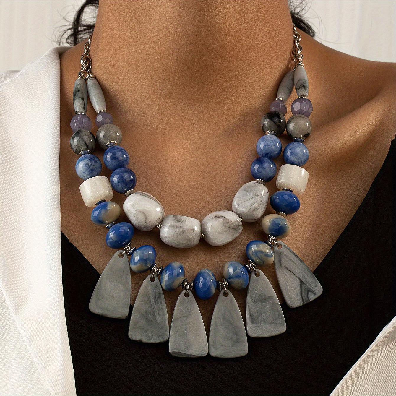 Exaggerated Beaded Bohemian Tassel Turquoise Beaded Double Necklace