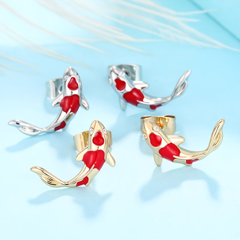 Ladies' elegant red koi fish stud earrings, chic minimalist style animal earrings, suitable for daily wear