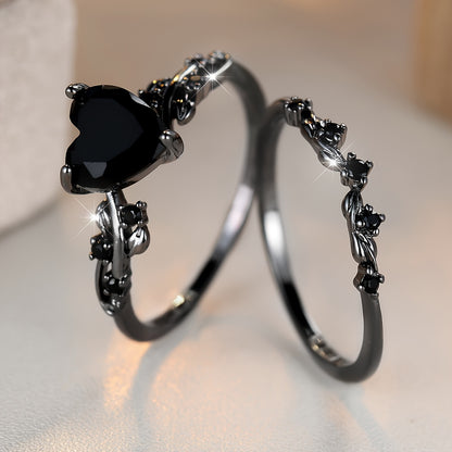 2-Piece Vintage Heart Cut Blackstone Ring - Synthetic Zirconia Copper, Non-Plated, Combined Love Ring for Valentine's Day Gifts