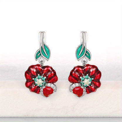 Women's red flower zircon drop earrings, romantic wedding party jewelry