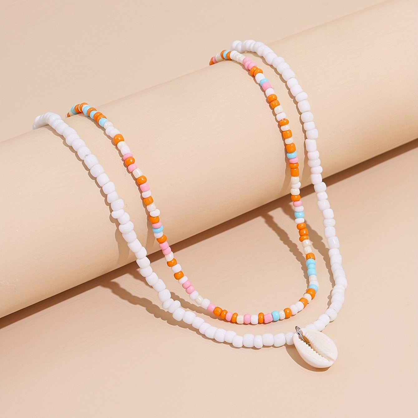 Ladies Summer Vacation Bead Layered Necklace, Bohemian Shell Pendant