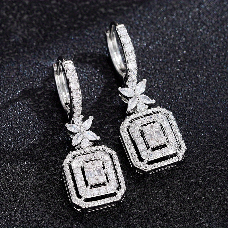 Sparkling Zirconia water drop earrings, hollow square and flower shape pendant, fashionable circle earrings, Women's daily wear