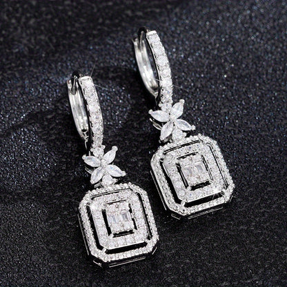 Sparkling Zirconia water drop earrings, hollow square and flower shape pendant, fashionable circle earrings, Women's daily wear
