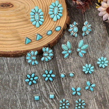 12 pairs of vintage western style set with turquoise stud earrings, silver alloy and iron earrings, geometric triangles, squares and flower shapes
