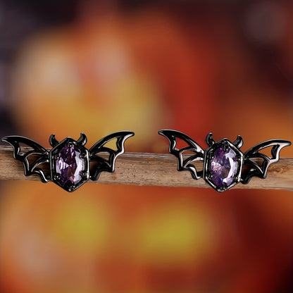 Ladies Gothic Black and Purple Bat Earrings - Vintage punk style with synthetic gemstones, nickel-free copper, perfect for Halloween and casual costumes, Halloween earrings