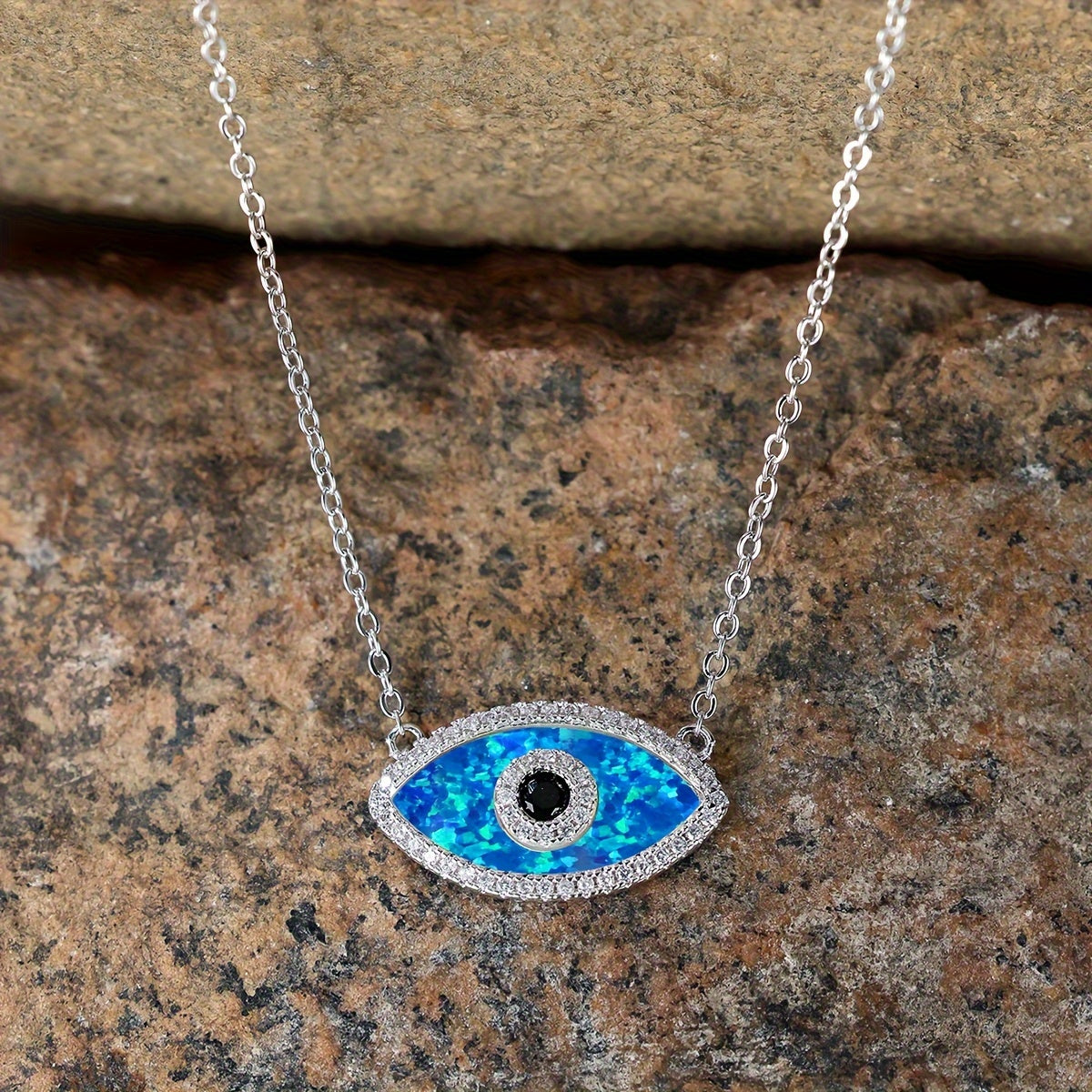 Bohemian Silver Opal Wicked Eye Pendant Necklace with Black Zircon - Perfect for Parties and Casual Dresses