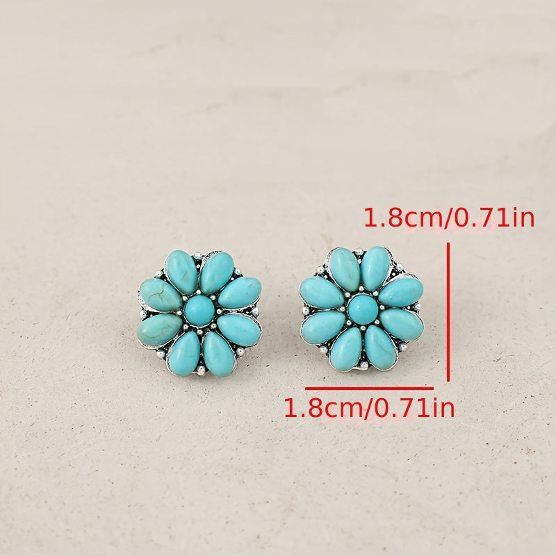 A new pair of retro bohemian flower inlaid synthetic turquoise earrings
