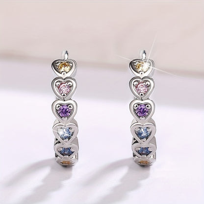 Colorful heart-shaped zircon inlaid hollow round ring earrings, elegant casual style for daily wear, women's dating earrings