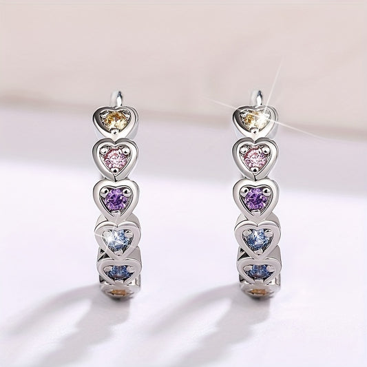 Colorful heart-shaped zircon inlaid hollow round ring earrings, elegant casual style for daily wear, women's dating earrings