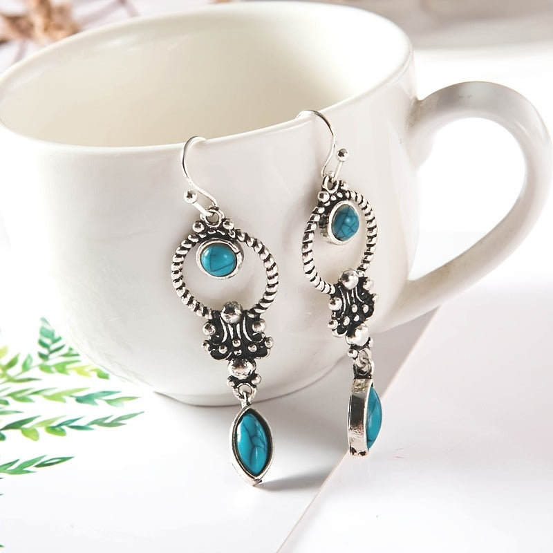 Hollow silver circle design with blue turquoise drop earrings retro bohemian travel souvenir