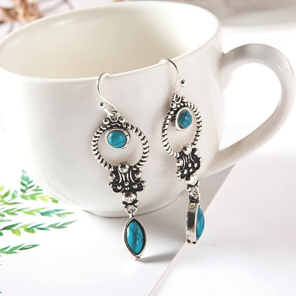 Hollow silver circle design with blue turquoise drop earrings retro bohemian travel souvenir