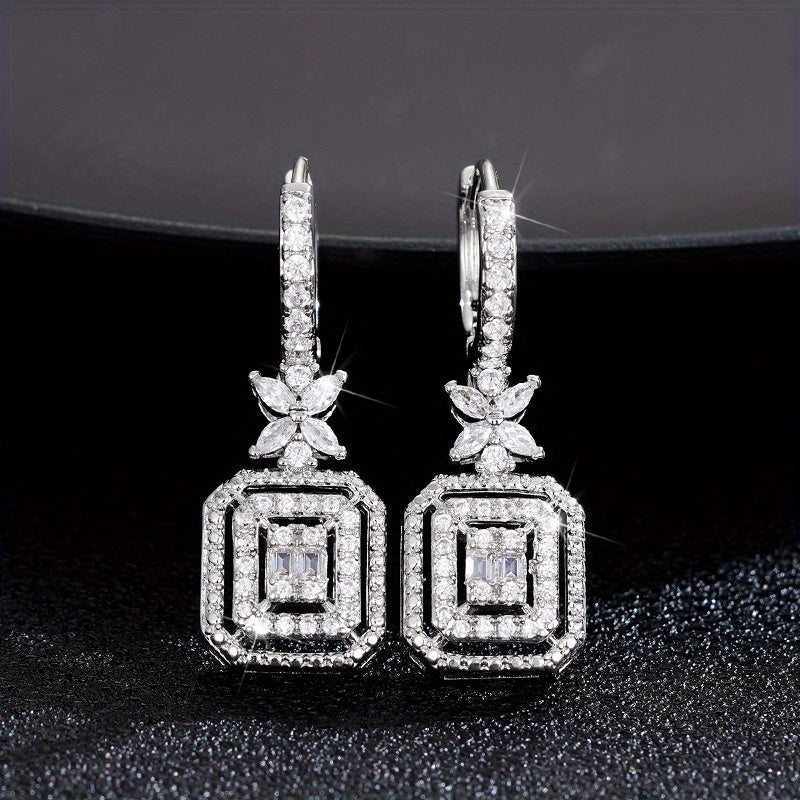 Sparkling Zirconia water drop earrings, hollow square and flower shape pendant, fashionable circle earrings, Women's daily wear