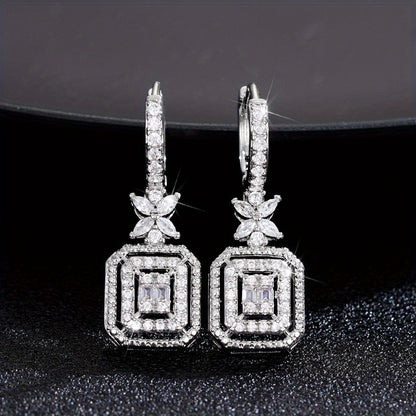 Sparkling Zirconia water drop earrings, hollow square and flower shape pendant, fashionable circle earrings, Women's daily wear