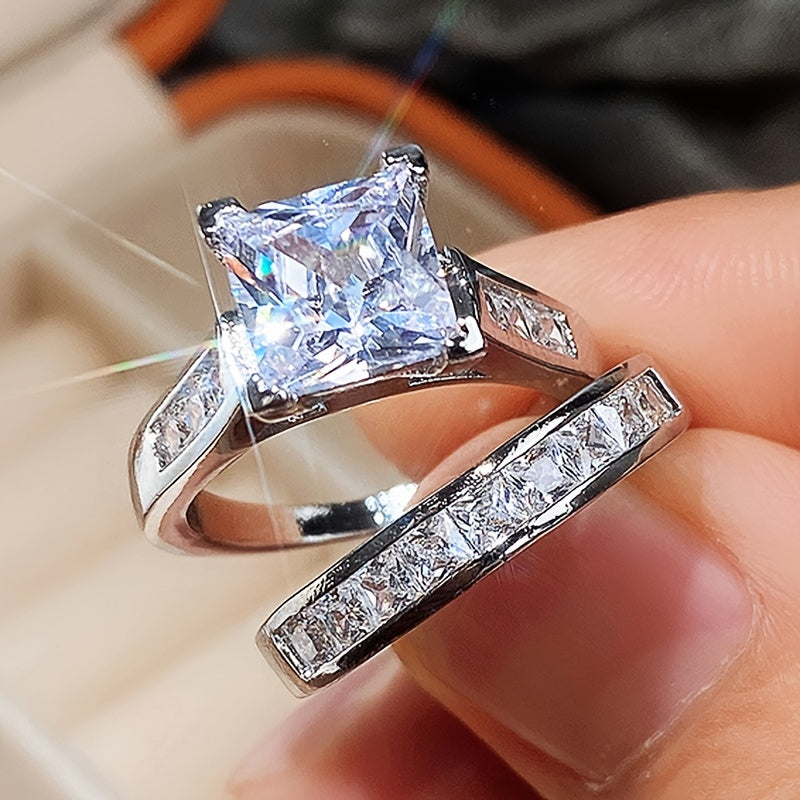 Elegant promise ring set with sparkling zircon, square design, engagement wedding ring, symbolizing elegance and beauty (excluding box)