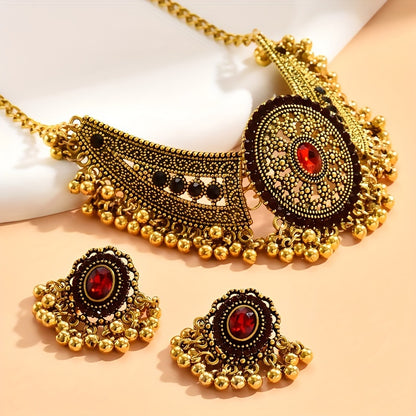 Bollywood Style 1 Pair Of Earrings + 1 Choker Vintage Jewelry Set Tribal Design 14k Gold Plated Inlaid Rhinestone Red Or Blue Make Your Call Match Daily Outfits