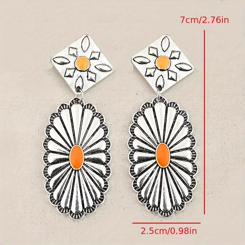 A pair of bohemian vintage floral engraved earrings, alloy pendant with iron studs, bohemian fashion earrings, silver tones with orange accents