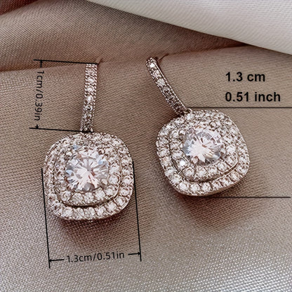 Square zircon pendant earrings, vintage elegance, silver-plated jewelry, wedding banquet accessories.