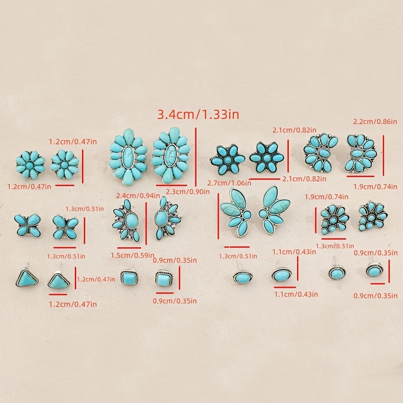 12 pairs of vintage western style set with turquoise stud earrings, silver alloy and iron earrings, geometric triangles, squares and flower shapes