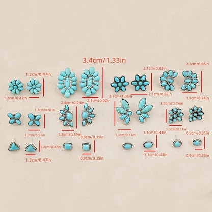 12 pairs of vintage western style set with turquoise stud earrings, silver alloy and iron earrings, geometric triangles, squares and flower shapes