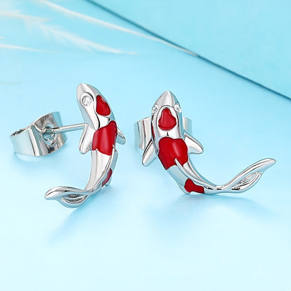Ladies' elegant red koi fish stud earrings, chic minimalist style animal earrings, suitable for daily wear
