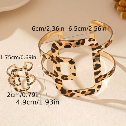 Vintage Bohemian Style Stylish Simple Hollow Cross Square Geometric Double Layer Leopard Print Versatile Ladies Bracelet Ring Set